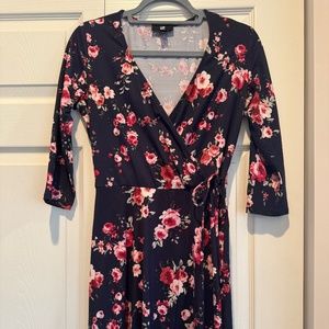 Navy & Pink Floral Faux Wrap Dress
